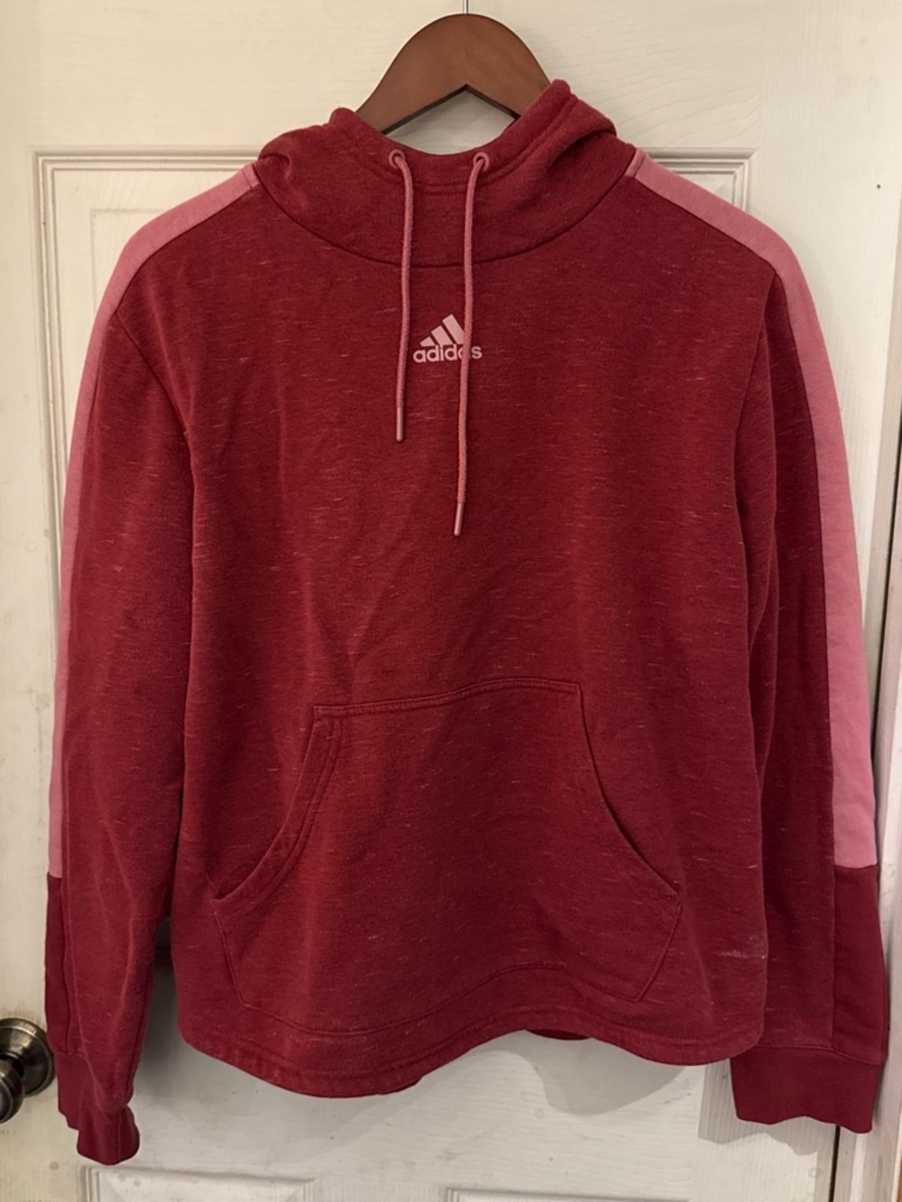 adidas Women's Red Cowl Neck Sweatshirt with Pink Shoulder Stripes